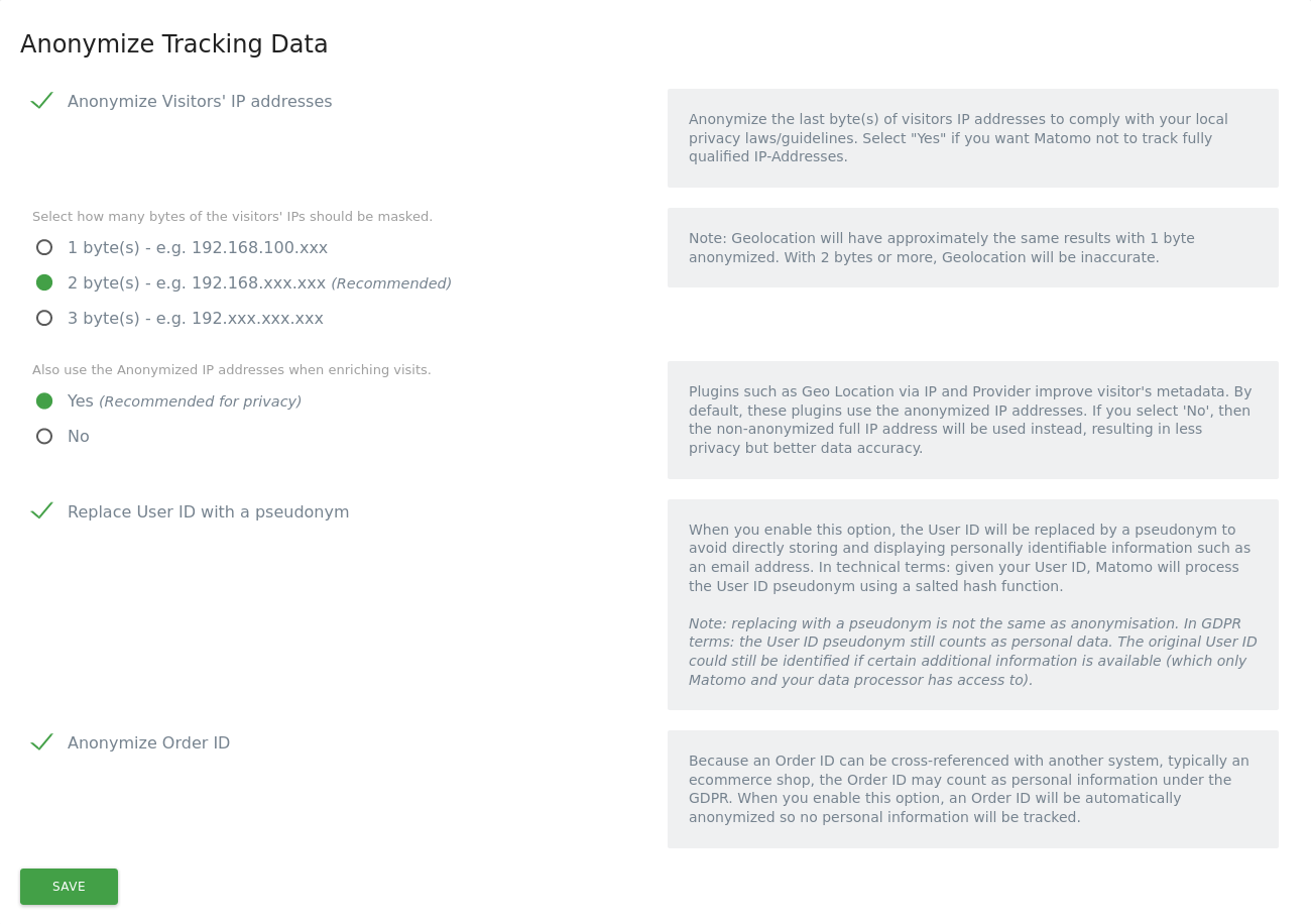 A section of the privacy settings in Matomo