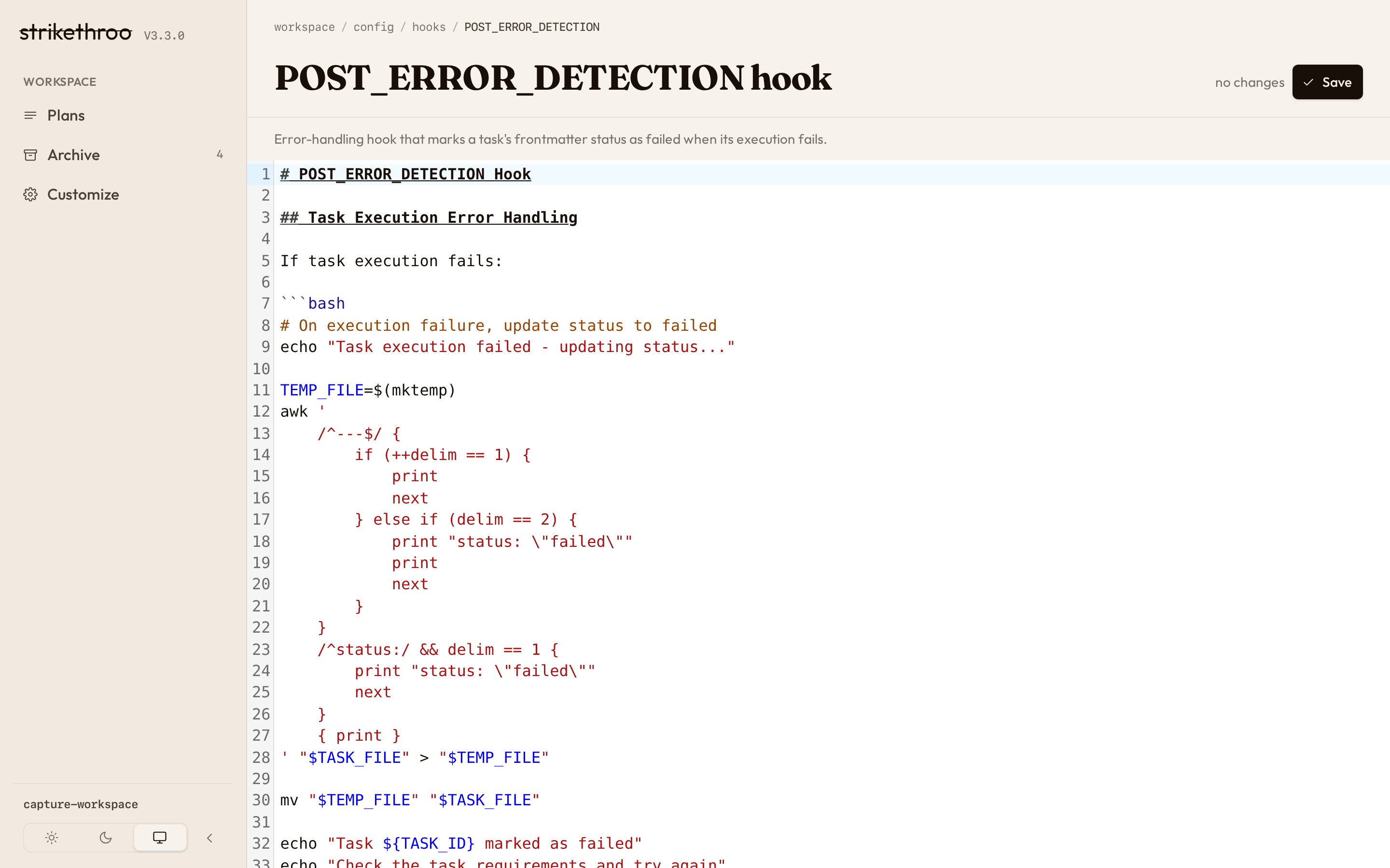 Editing a hook in the Customize editor